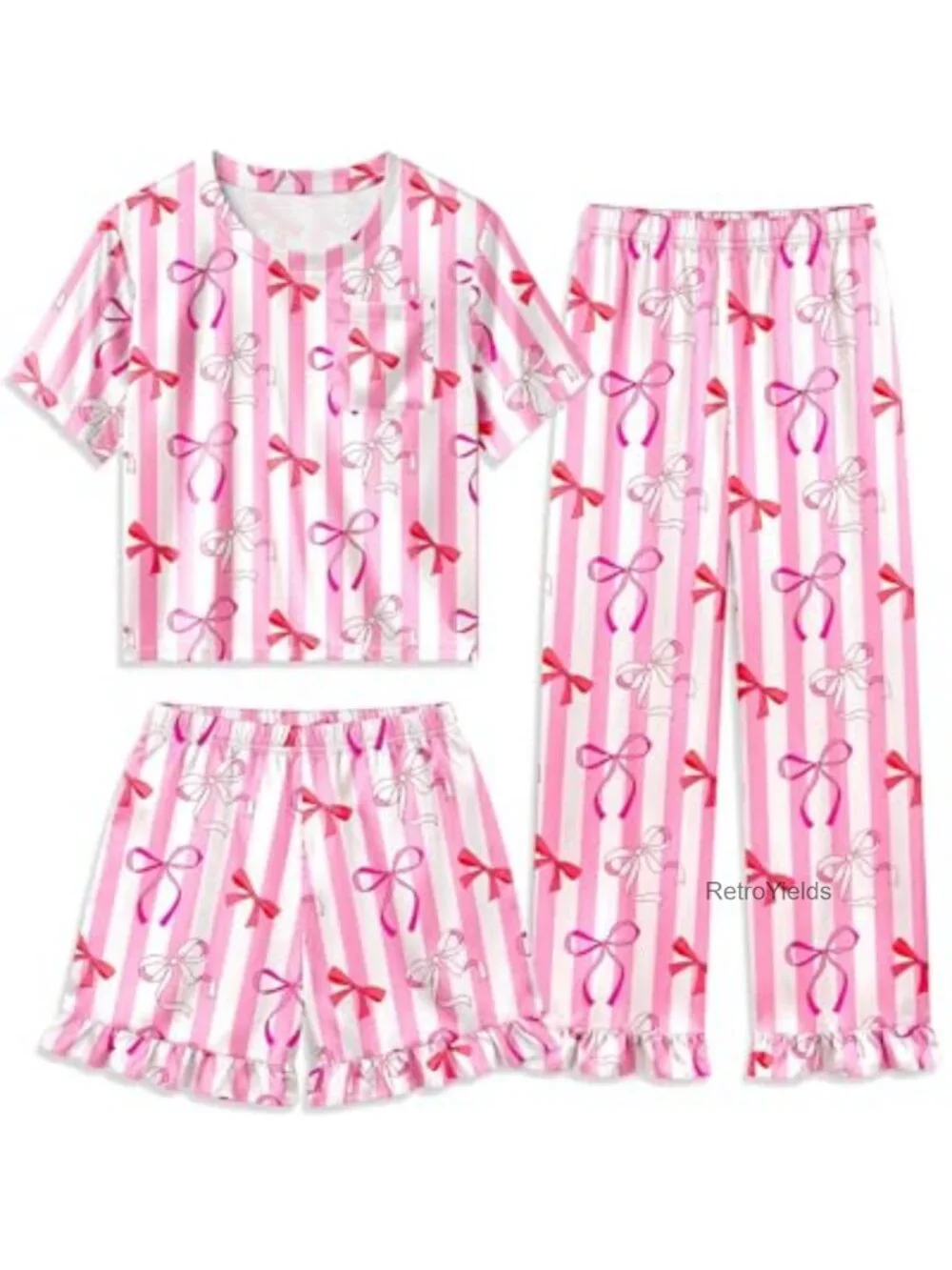 Girls 3 Piece Pajama Set Satin Ruffle Sleepwear Short Sleeve Kids Nightwear